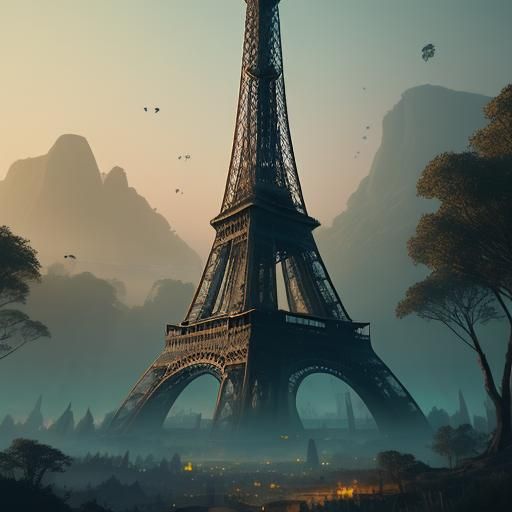 Mystical Eiffel Tower in Dreamlike Forest