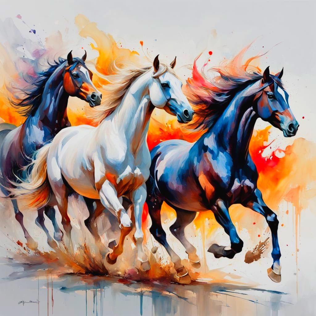 Neo-Impressionist Horses Galloping Over Hurdle