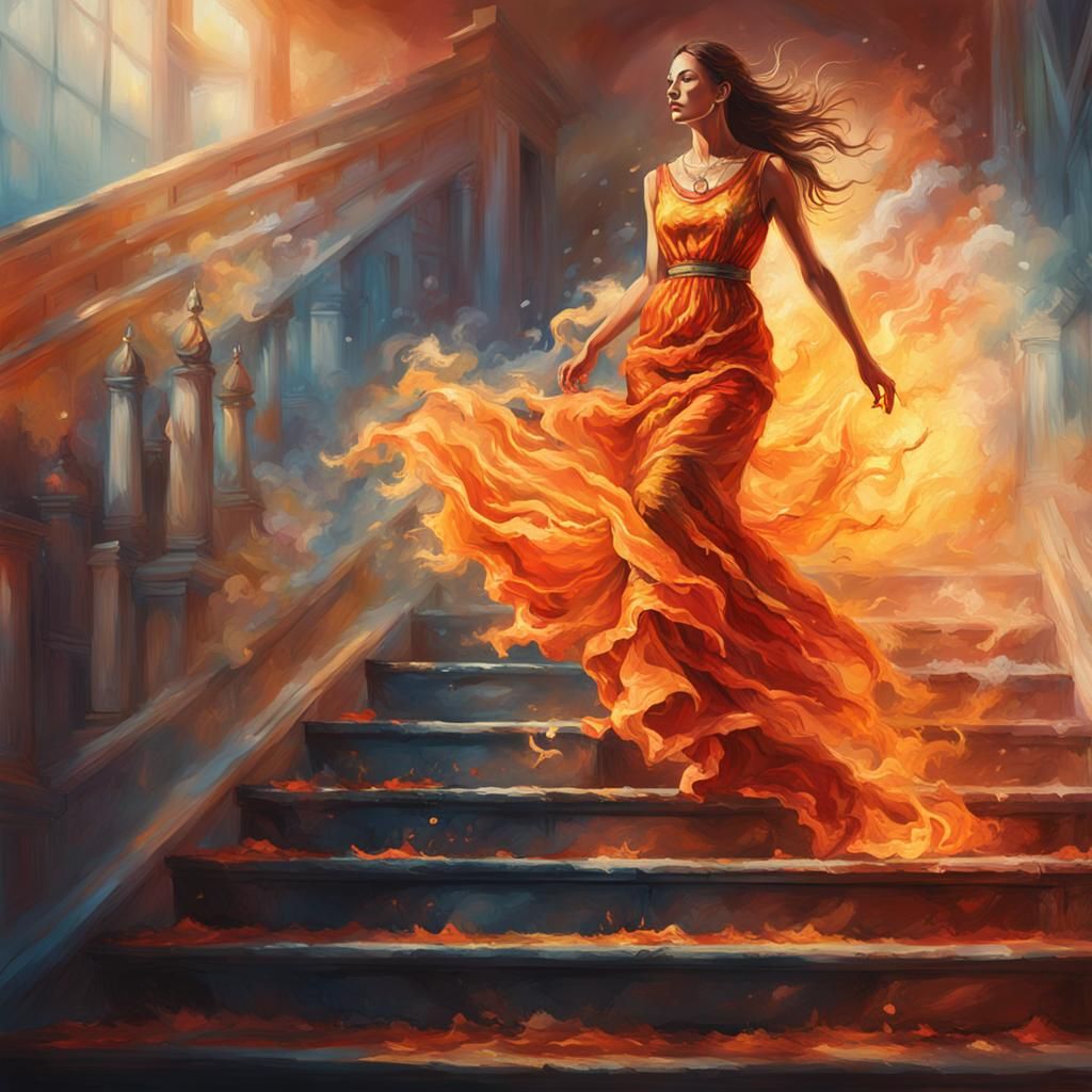 Woman in Burning Dress: Hyperrealistic Concept Art
