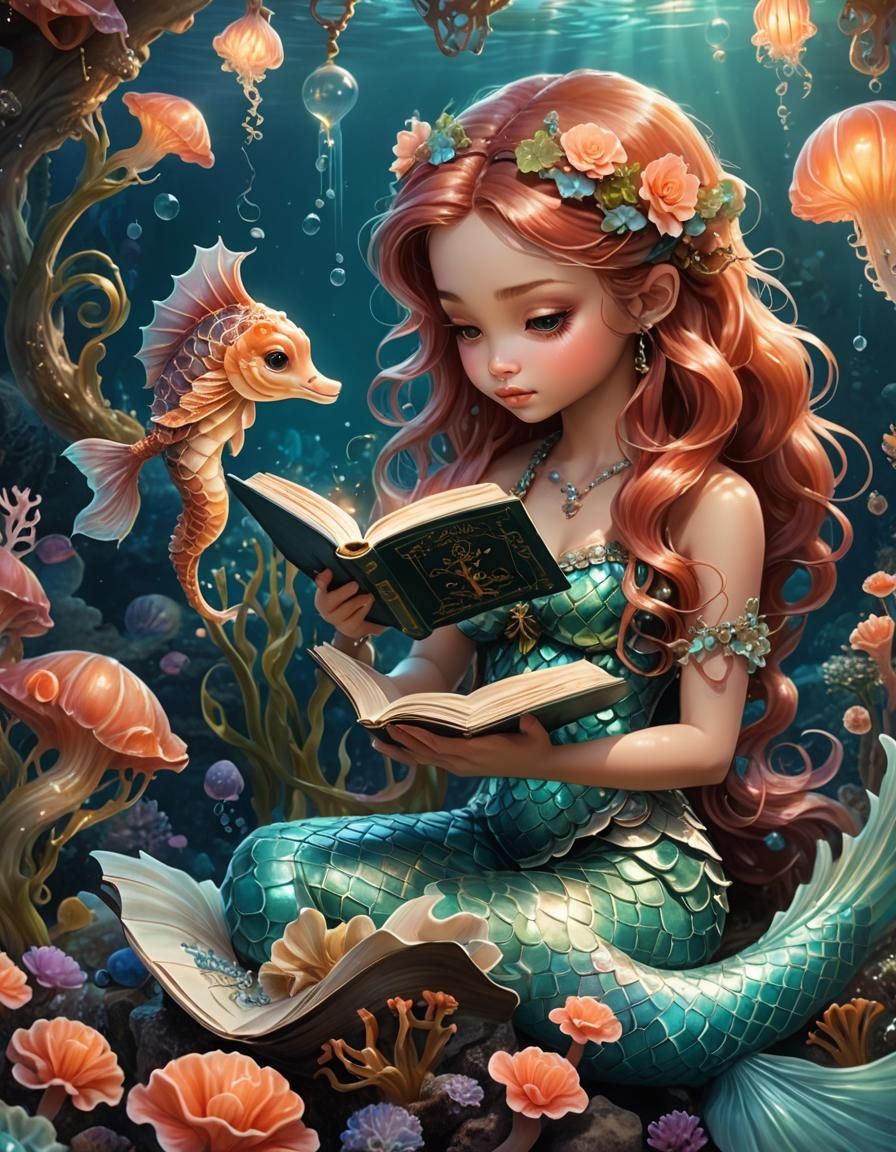 Mermaid Reading to Seahorse in Underwater Garden