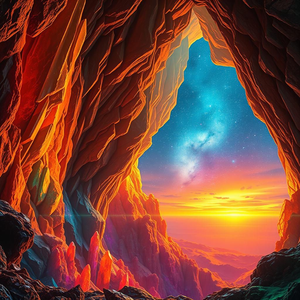 Ethereal Crystal Cave and Cosmic Sunset