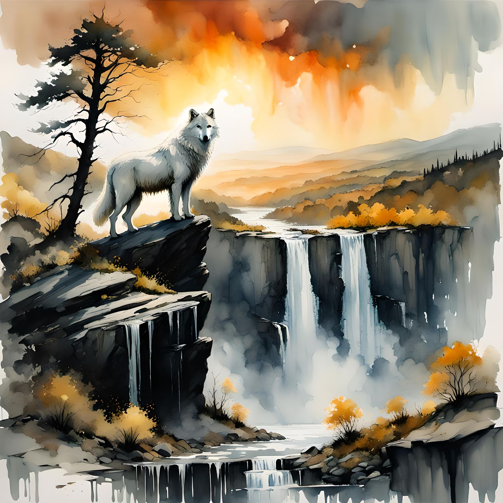 Wolf Observes Waterfall in Watercolor Painting
