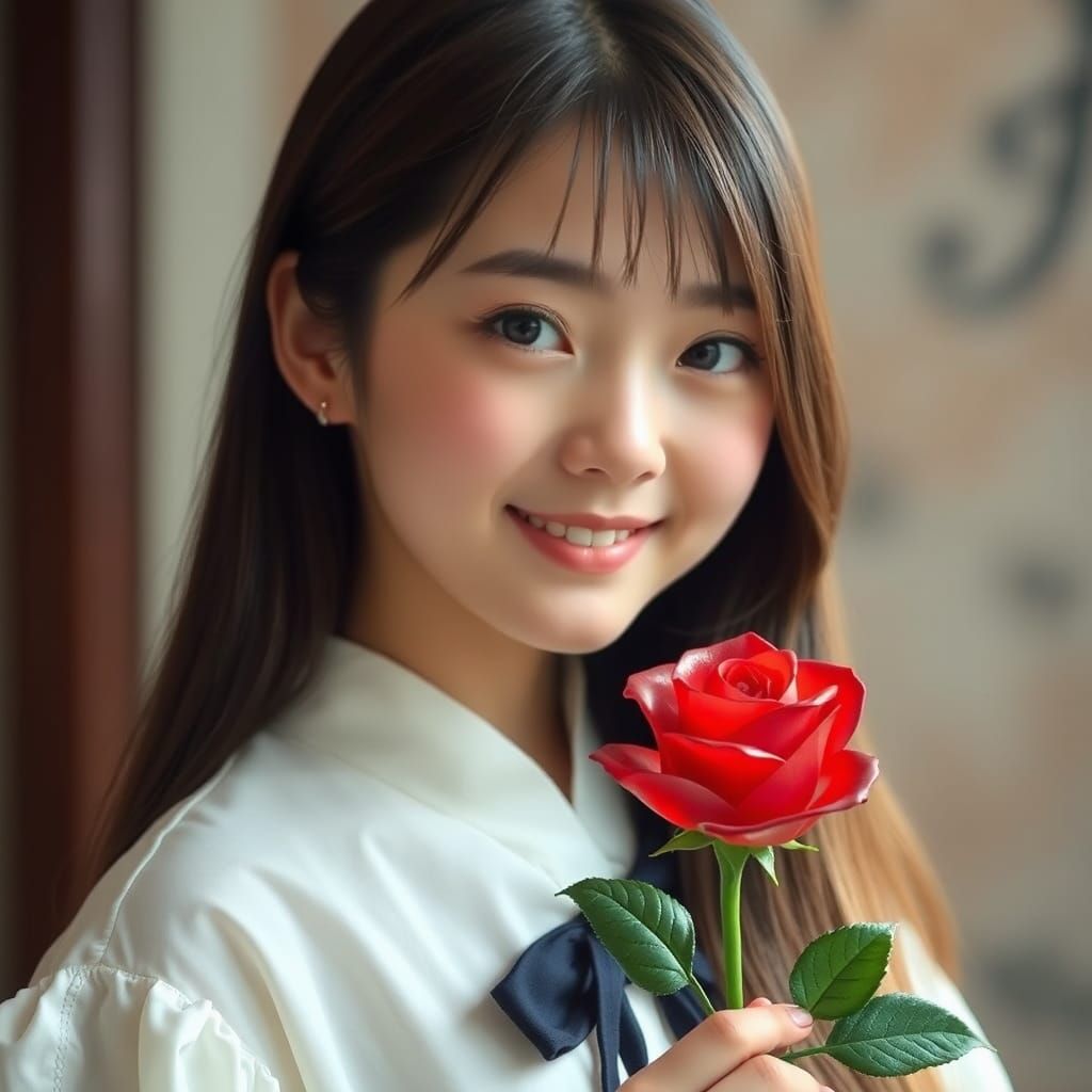 Japanese Girl Holding Red Rose in Glass