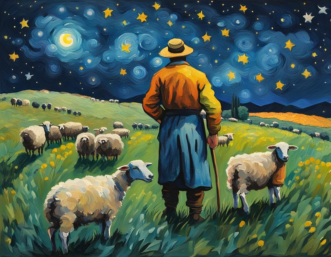 Impressionist Masterpiece of Shepherds in Starry Night