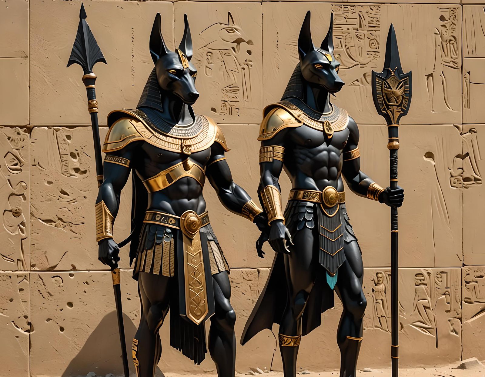 Anubis Obsidian Statue with Golden Armor