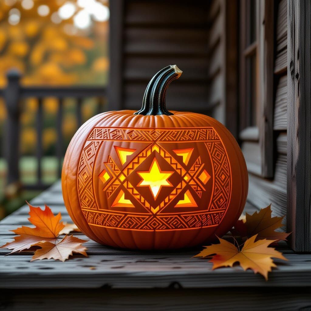 Geometric Pumpkin on Porch in Retro Sci-Fi Style