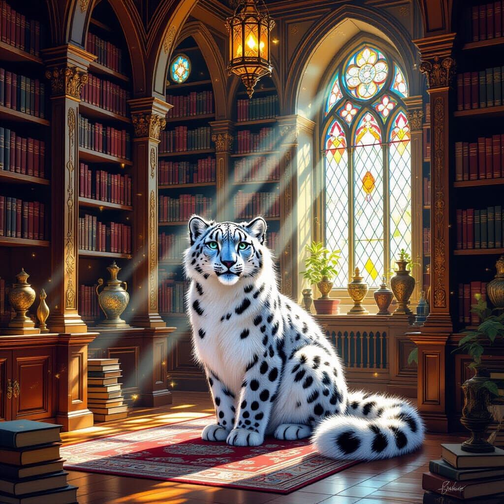 Snow Leopard in Sunlit Library: Digital Painting