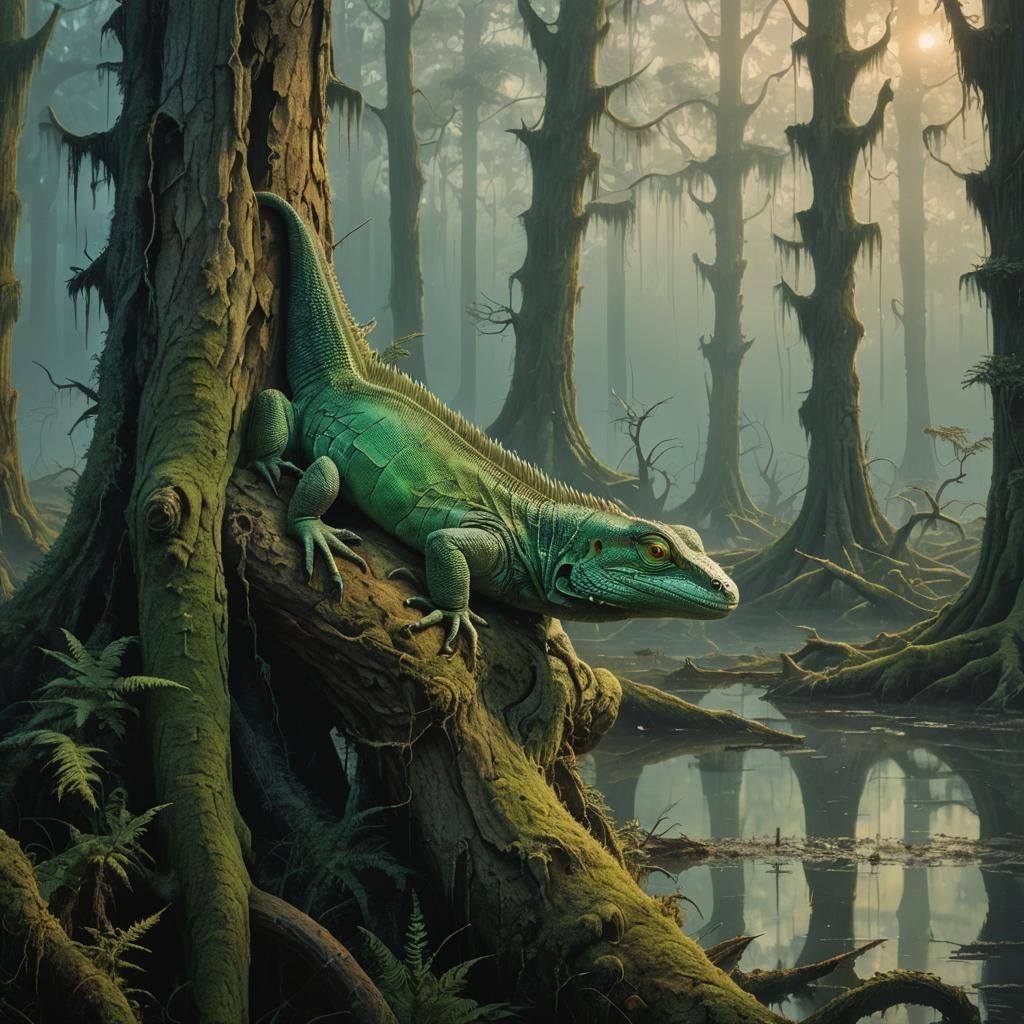Lizard in Misty Swamp: Dark Surrealism in Unreal Engine