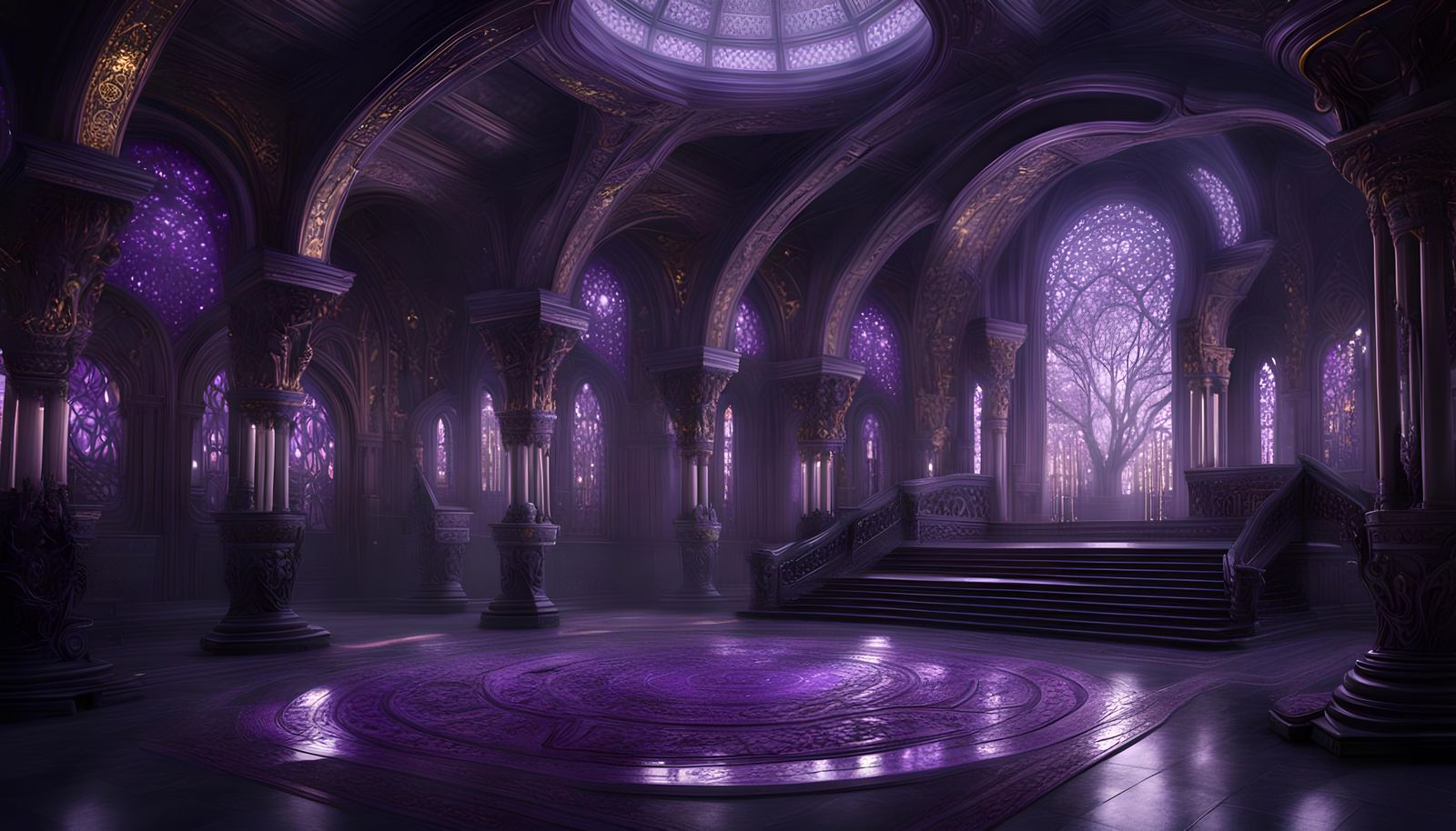 Intricate Temple Interior with Praying Women