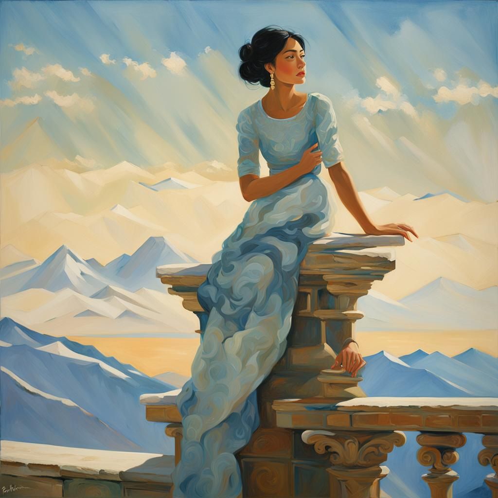 Elegant Woman Gazing at Mountain Landscape in Oil Painting