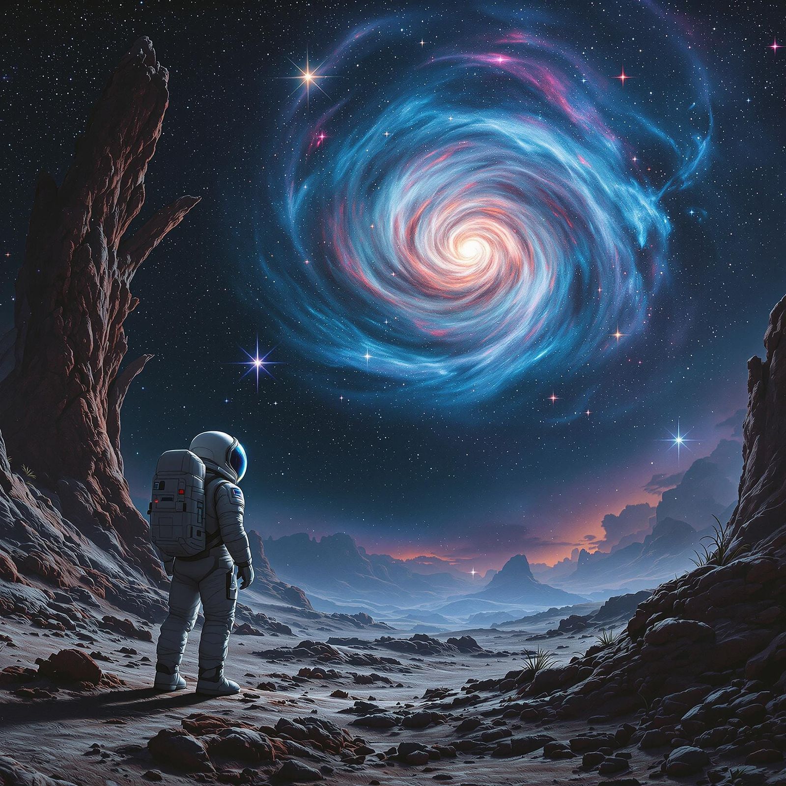 Astronaut Contemplates Cosmic Horror on Alien Planet