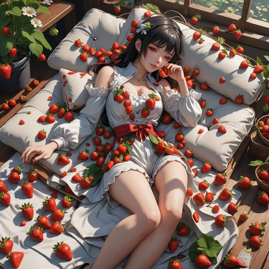 Anime Girl Eating Strawberries in 3D Render