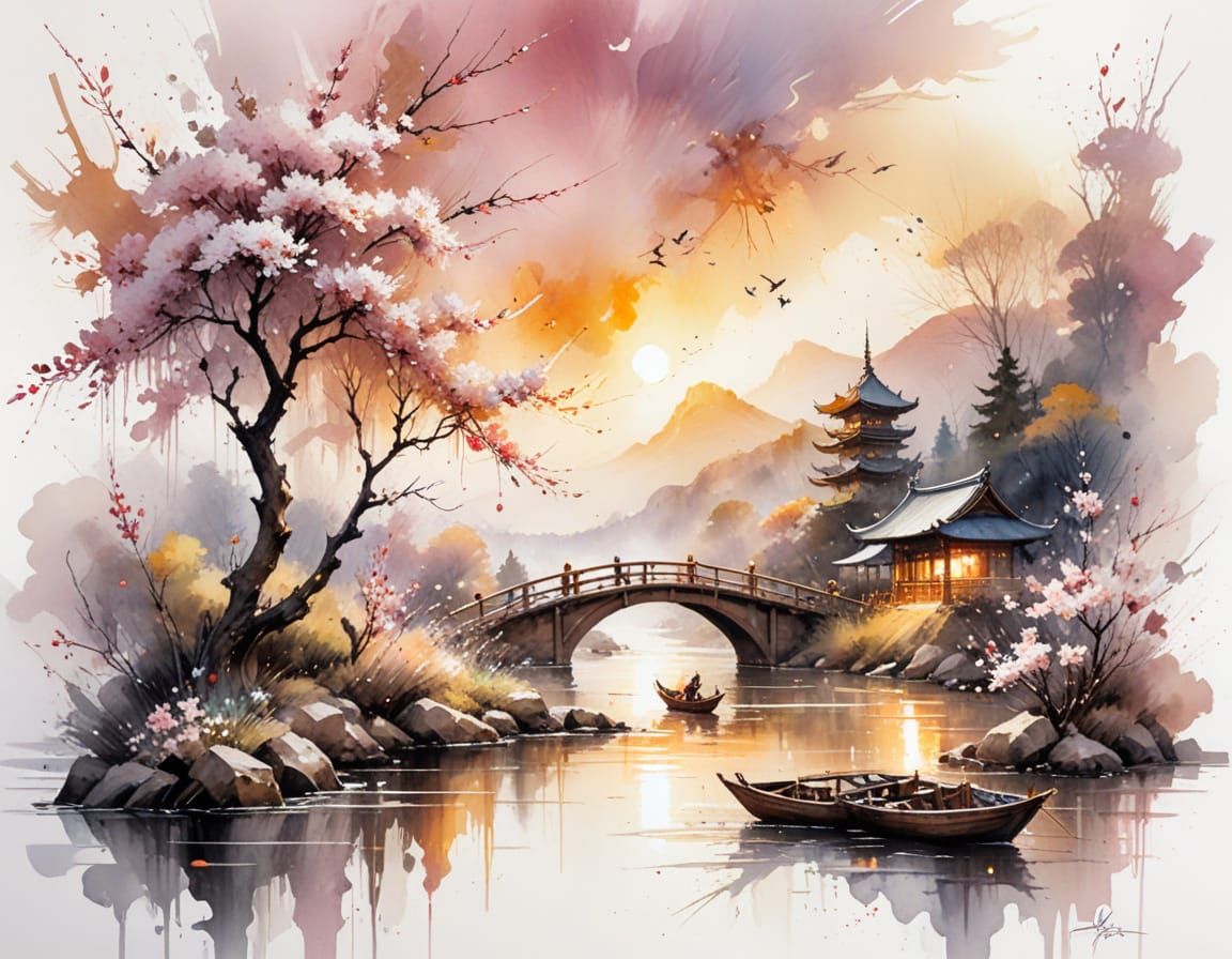 Spring Blossom Festival Watercolour Painting at Sunset