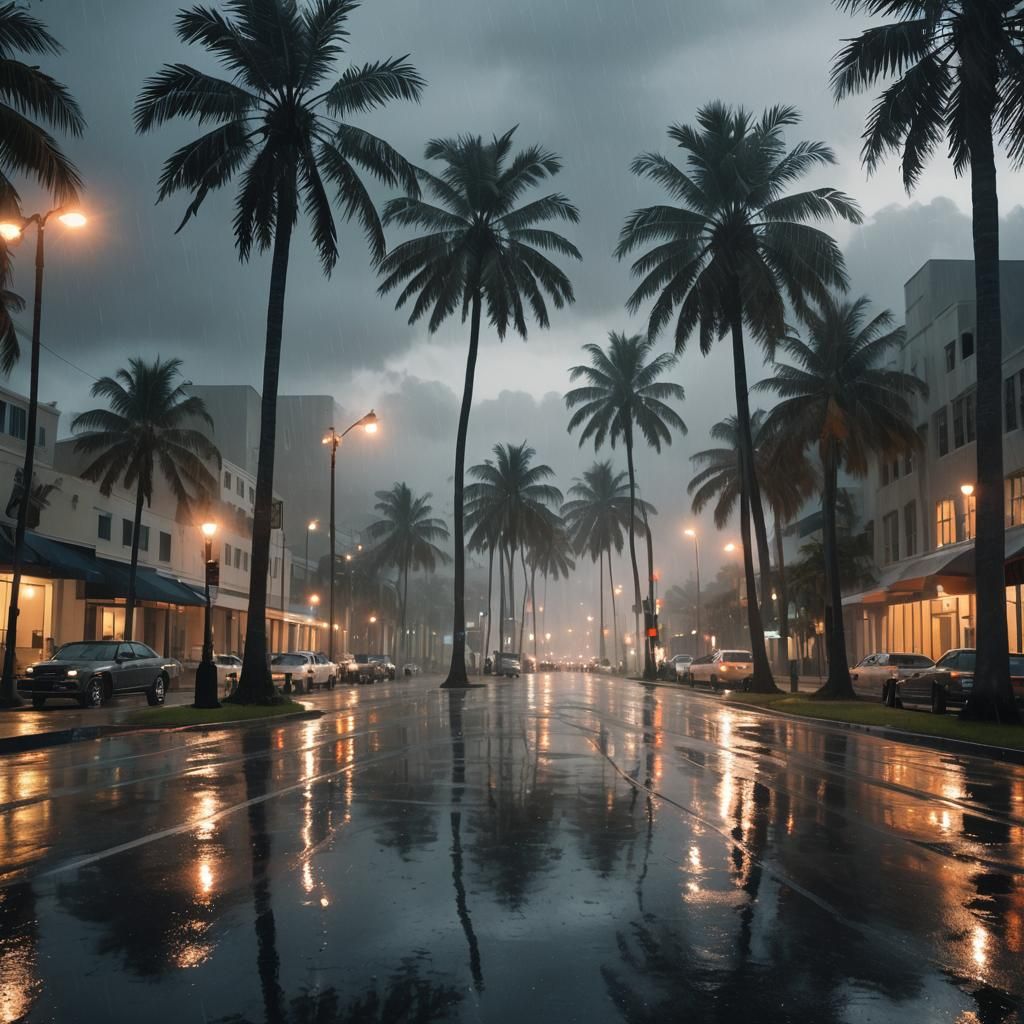 Misty Miami Palm Trees at Dusk: Concept Art