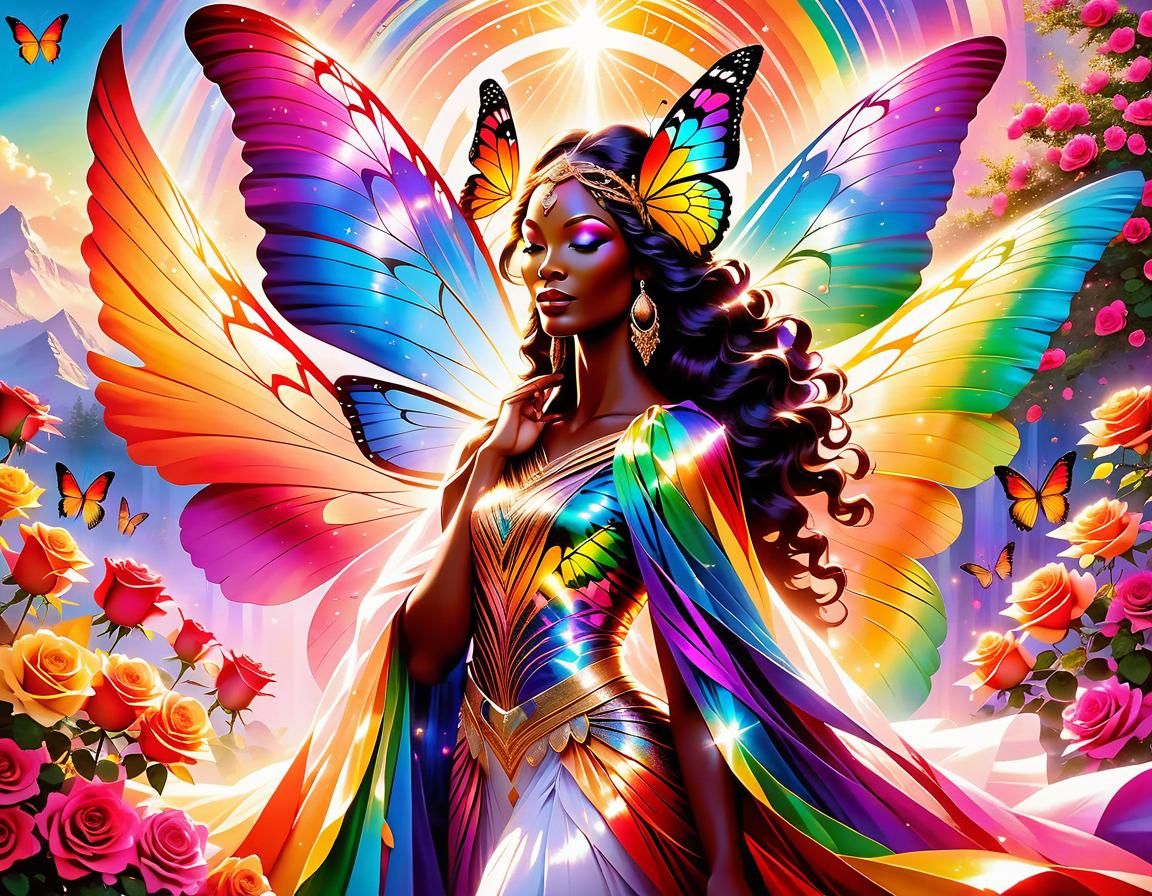 Radiant Butterfly Goddess Emerges from Rose, Expressionist S...