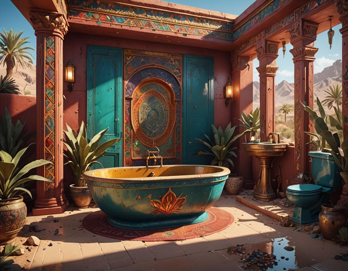Vibrant Desert Oasis with Bathtub, Matte Painting