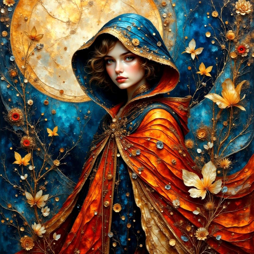 Cloaked Girl Portrait in Impasto Oil Painting Style