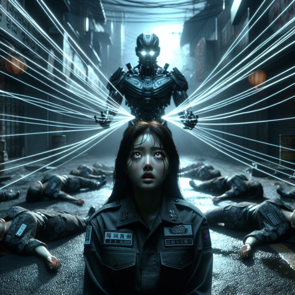 Futuristic Korean Woman Hypnotized by Robot in Cityscape