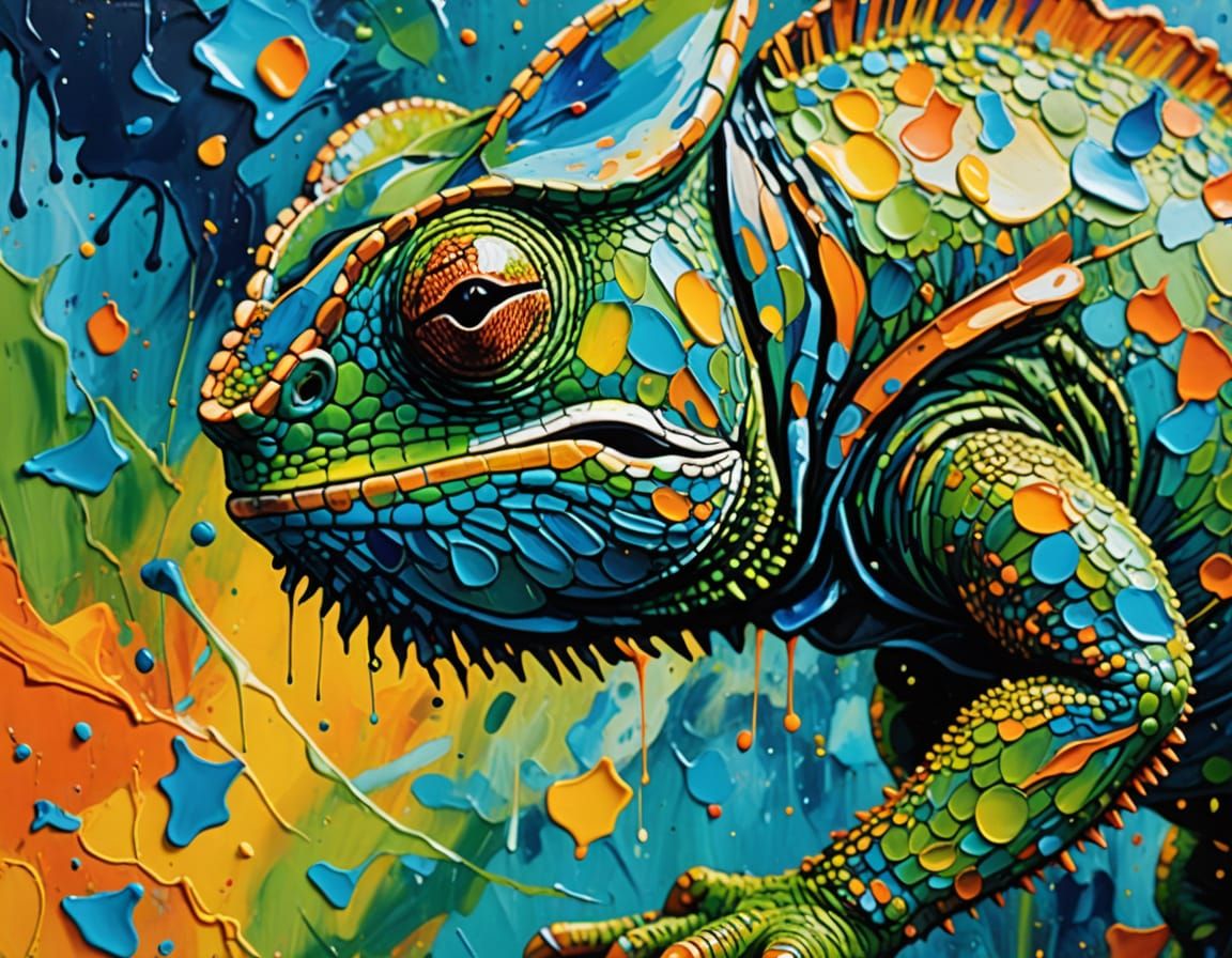 Vibrant Impasto Masterpiece: Close-Up Chameleon