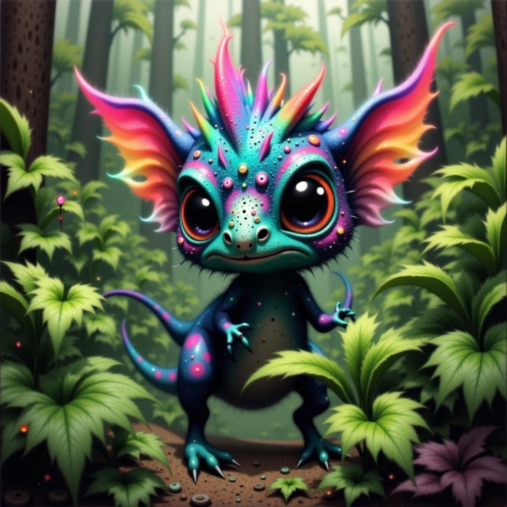 Iridescent Dinosaur Peeking Through Ferns in Mystical Style