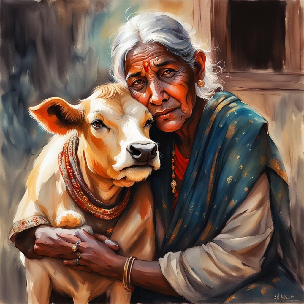 Touching Portrait of Woman and Cow in Gouache Style