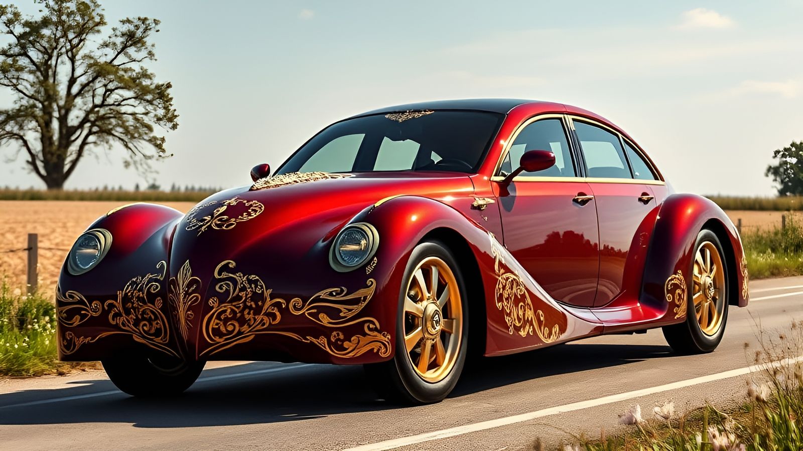 Ornate Brass Futuristic Car on Sunny Country Road