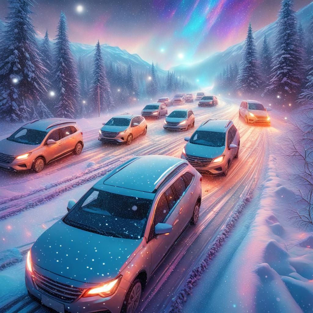 Car Crashes on Snowy Roads: Cosmic Illustration