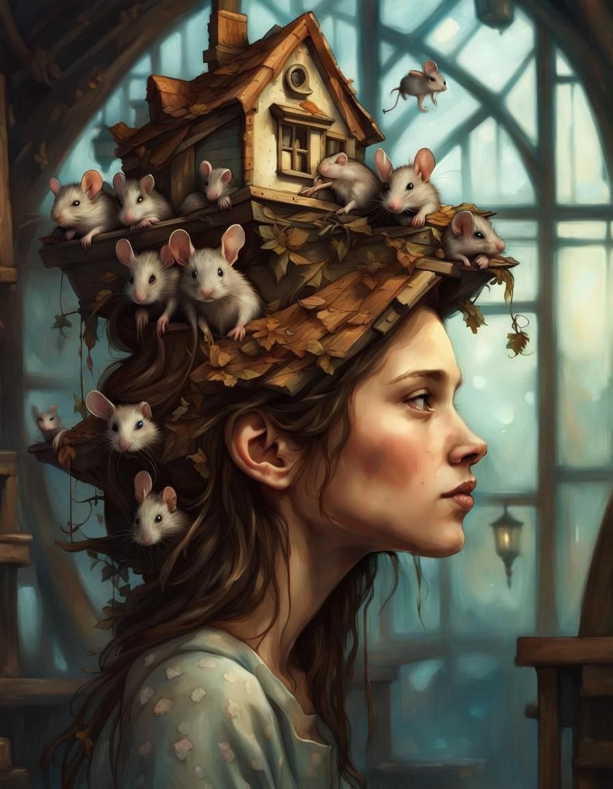 Surreal Portrait: Girl with Mice-Filled Attic