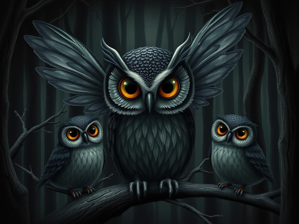 Owl Fairy in Dark Forest, Surreal Art Style