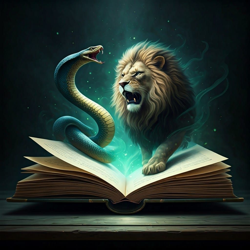 Fantasy Book Portal with Lion and Snake