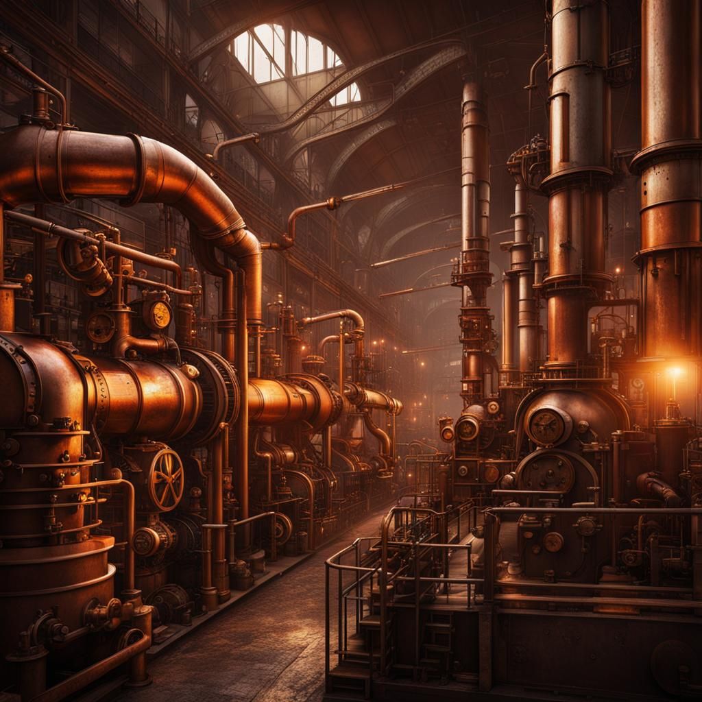 Steampunk Factory Interior with Robots and Amber Lights