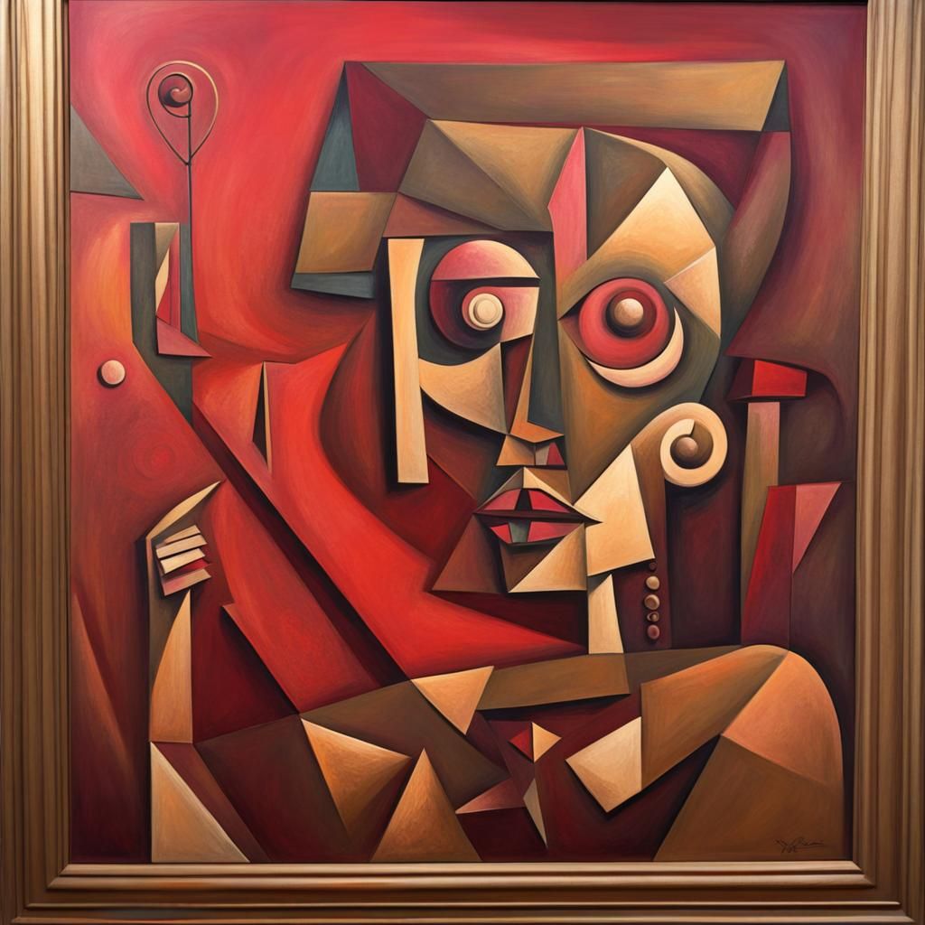Cubist Steampunk Musician in Bronze and Ruby Red