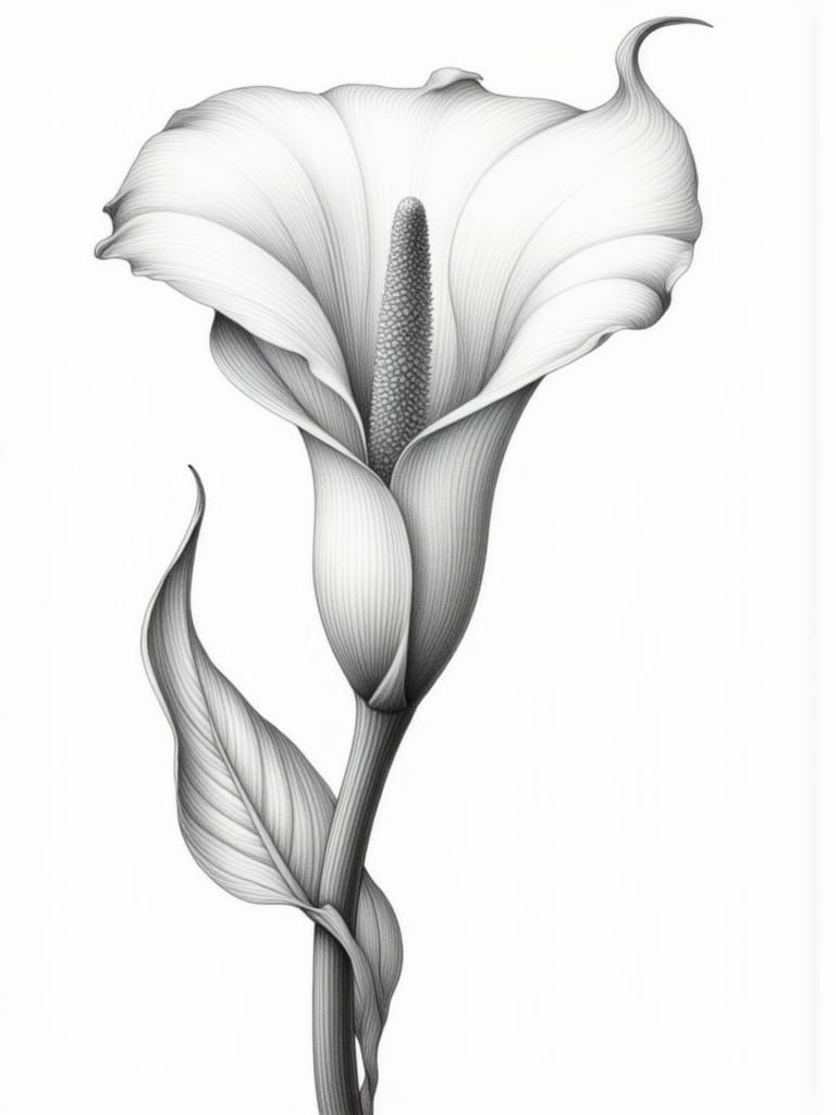 Realistic Pencil Drawing of a Calla Lily Flower in Black-and...