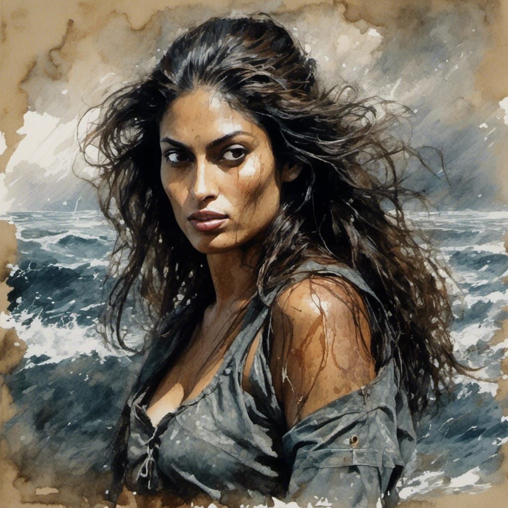 Shipwrecked Woman on Raft in Luis Royo Watercolor Style