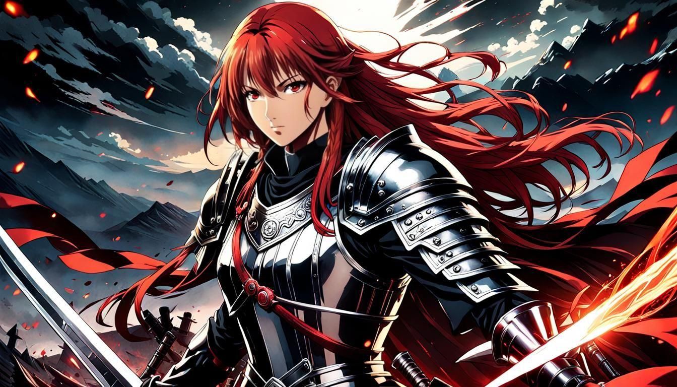 Anime Female Knight on Battlefield in Cel-Shaded Style