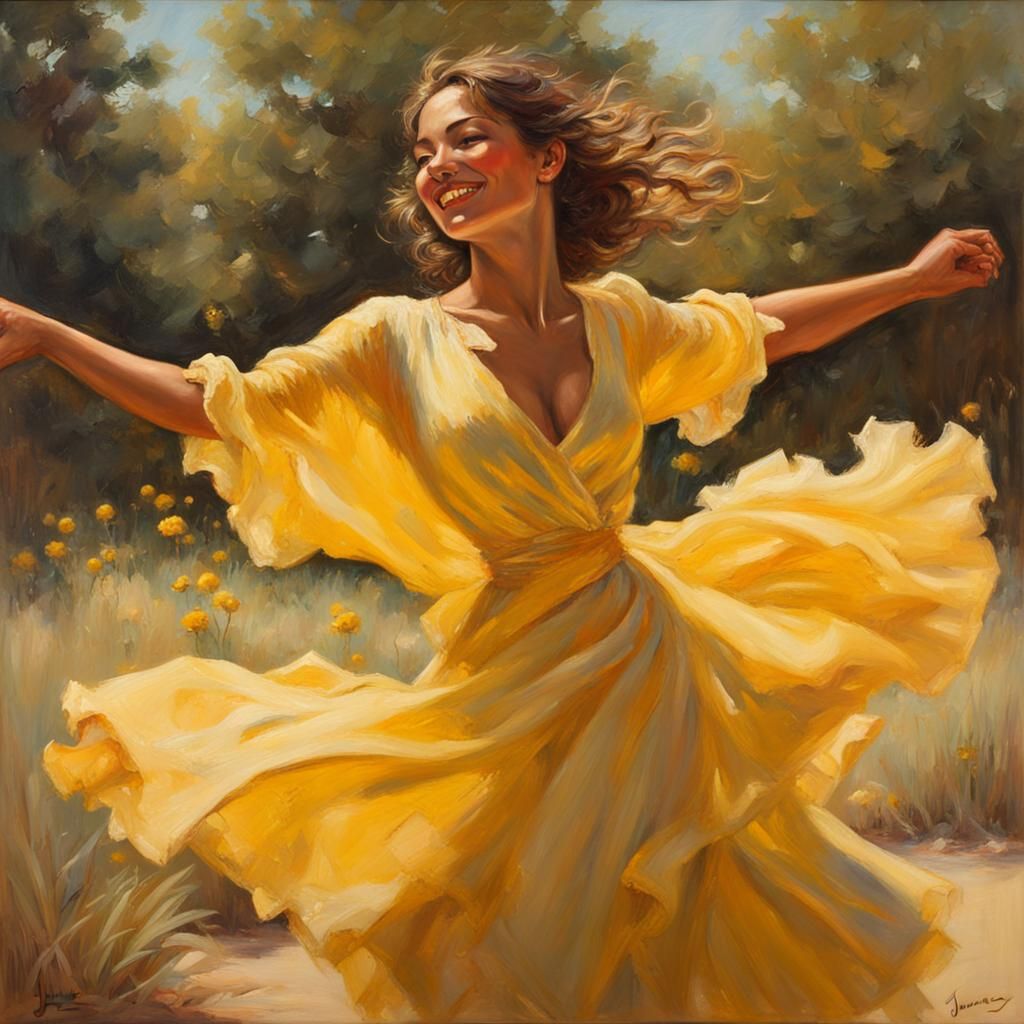 Glowing Woman Dancing in Sunlight: An Oil Painting