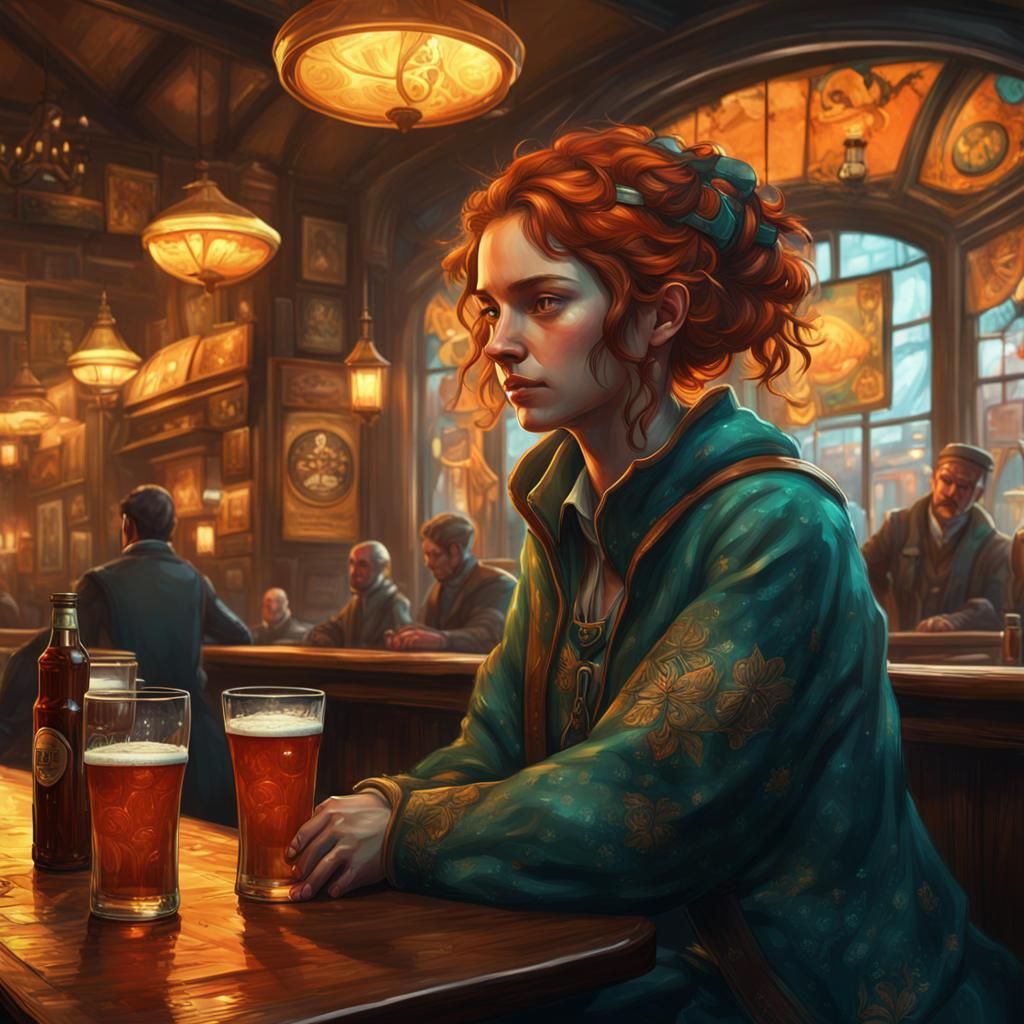Irish Woman in Pub: Art Nouveau Digital Art