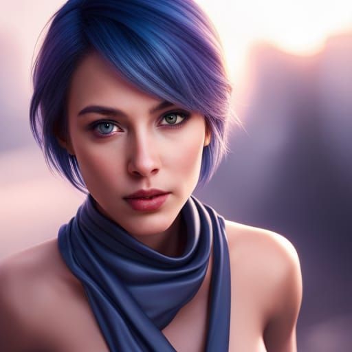 Hyperrealistic Woman with Purple Hair, Cinematic Portrait