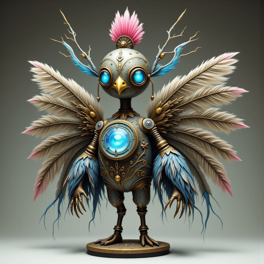 Steampunk Peacock Robot with Brass Filigree and Feathers