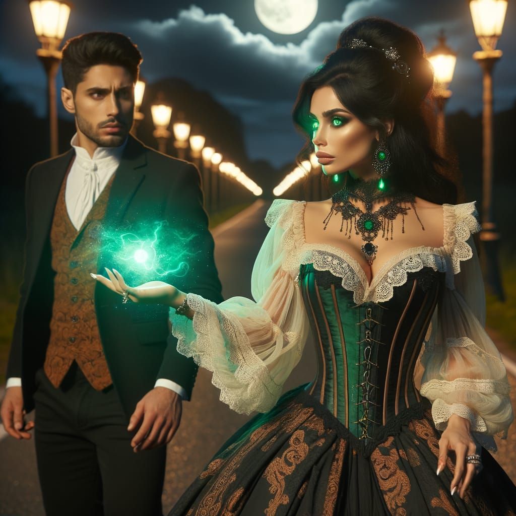 Psychic Woman in Victorian Dress Controls Man