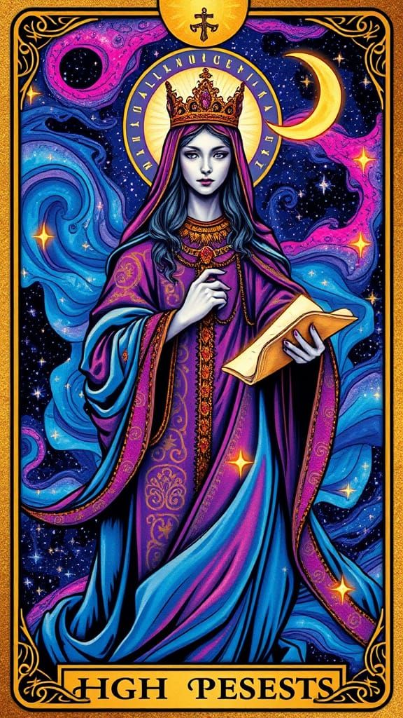 Mystical High Priestess in Vibrant Psychedelic Tarot Art