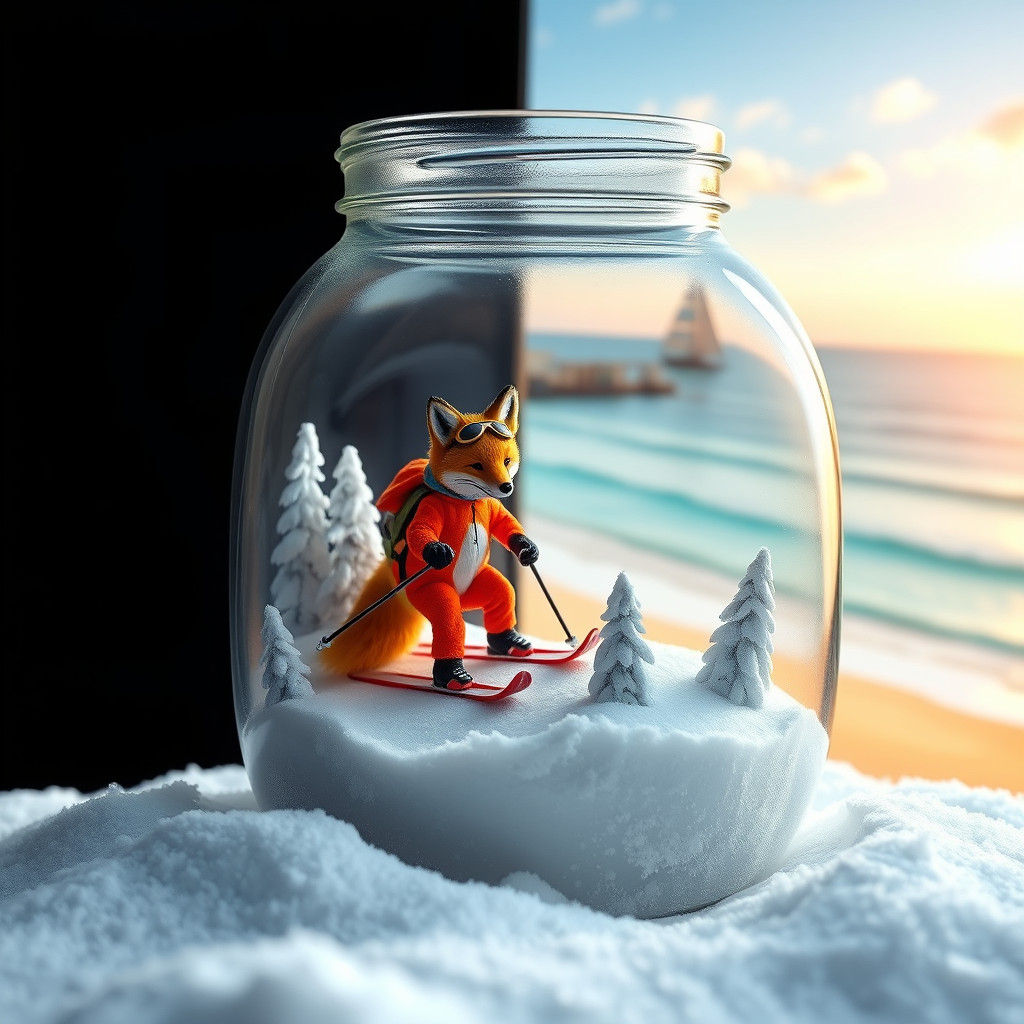 Fox Skier in Glass Jar: Dreamlike Winter Scene