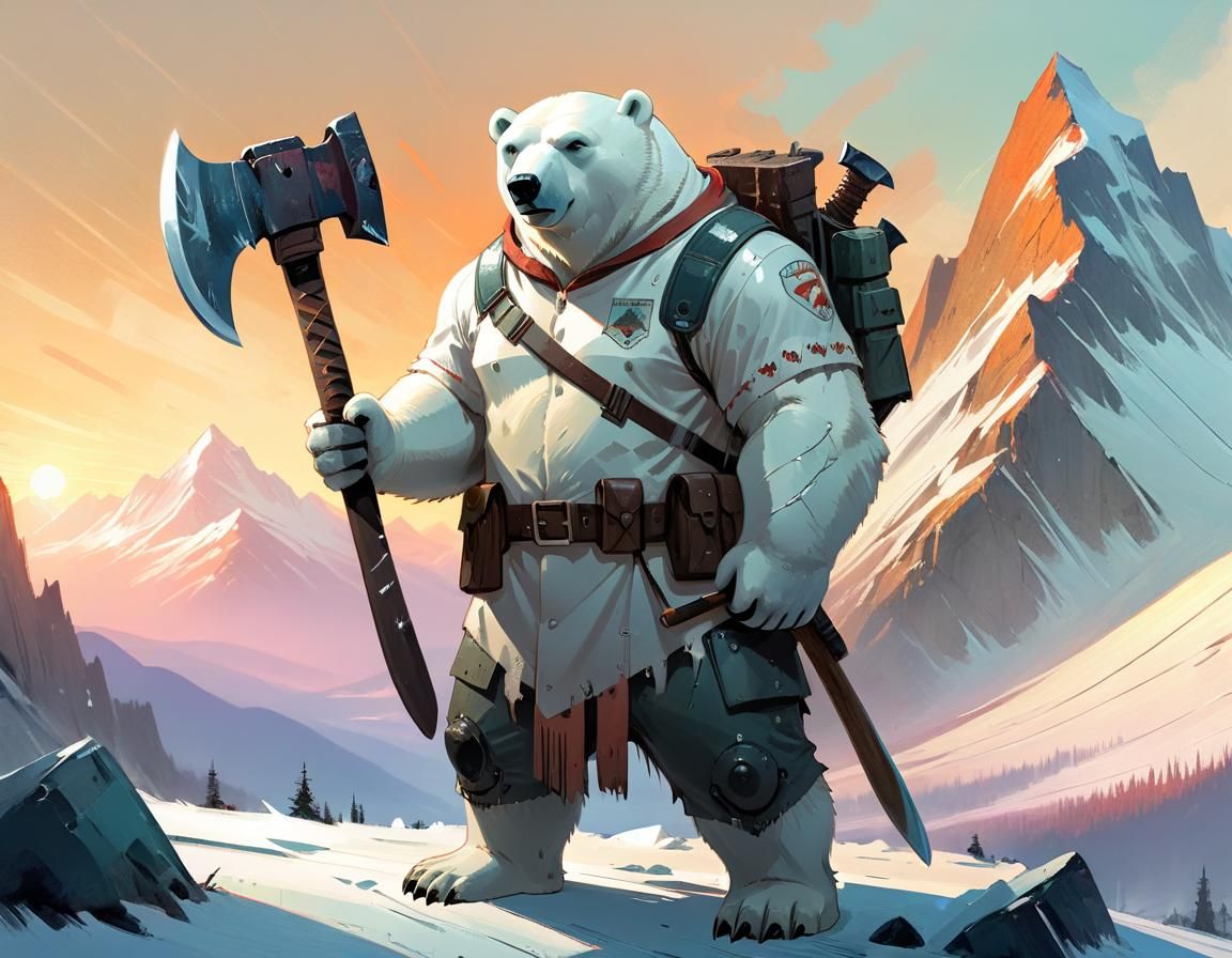 Dieselpunk Polar Bear Warrior at Sunrise
