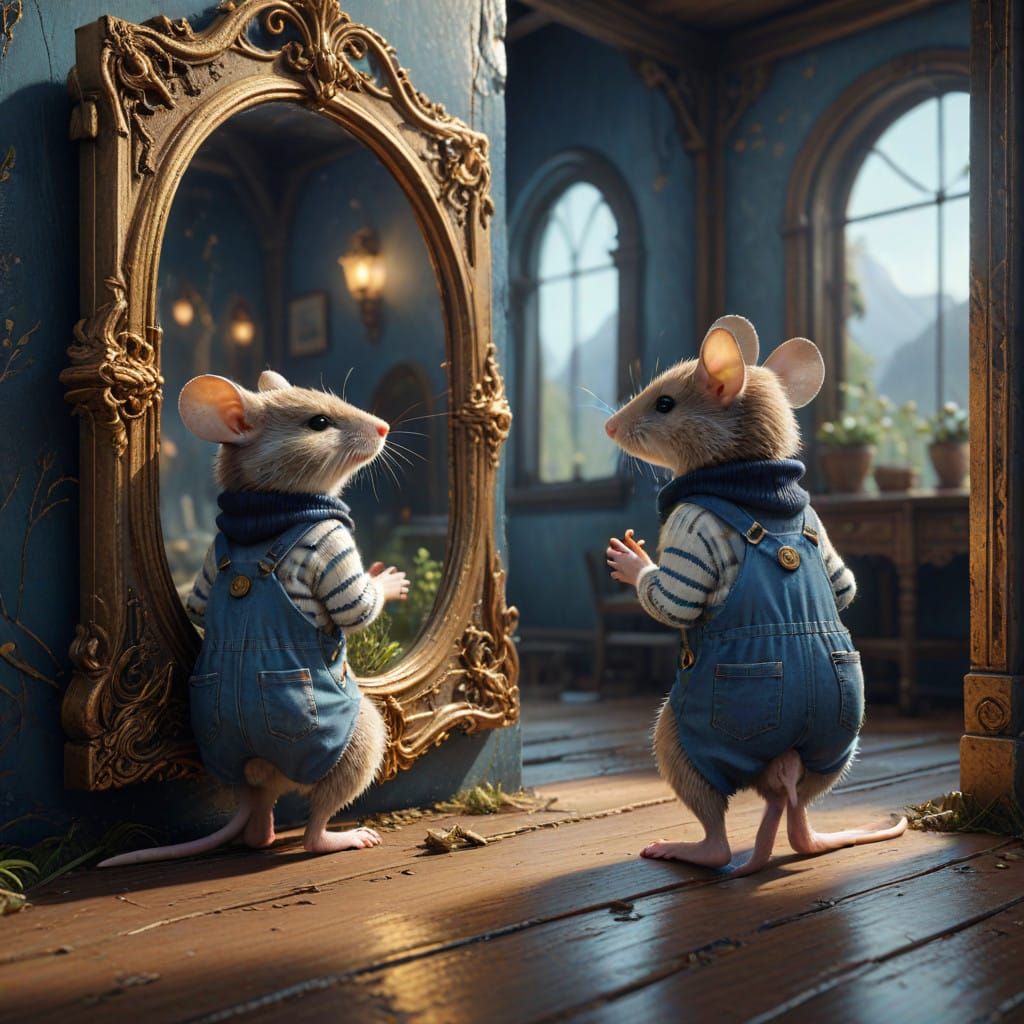 Mice in Faded Denim, Curious in Ornate Mirror