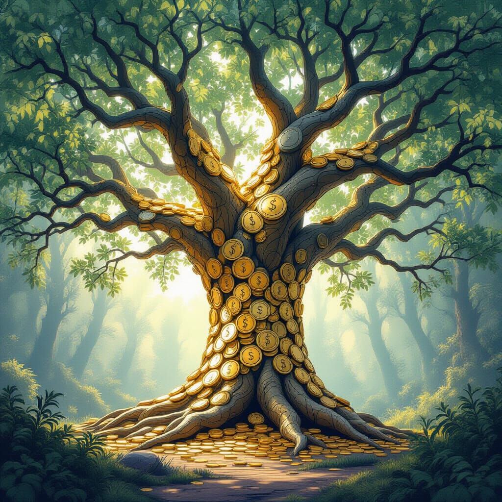 Ancient Tree of Gold and Silver Coins in Mystical Forest