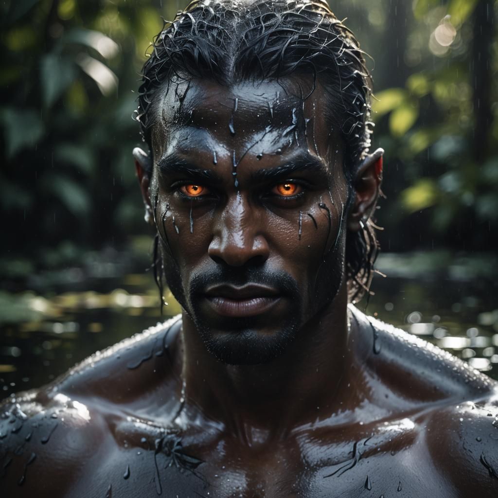 Drow Portrait with Glowing Eyes in Pond