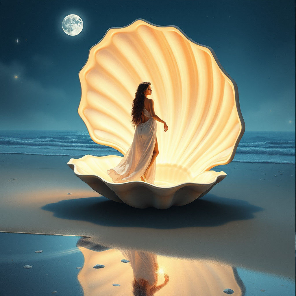 Woman Emerges from Clamshell on Moonlit Beach