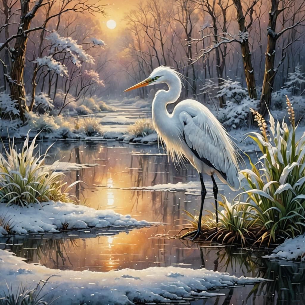 Elegant Egret in Winter Wonderland: Watercolor Encaustic