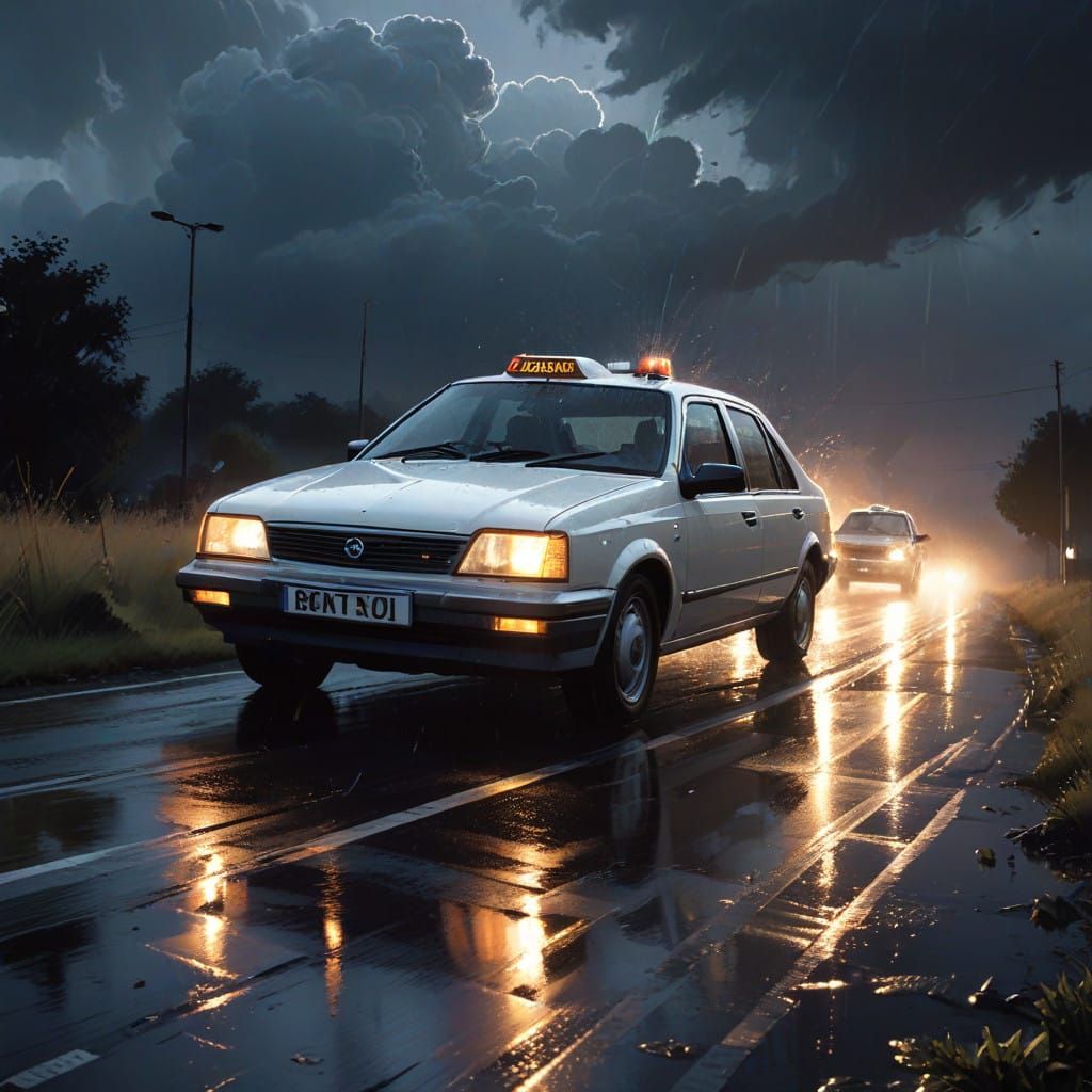 White Taxi Plunges into a Dark and Turbulent Storm