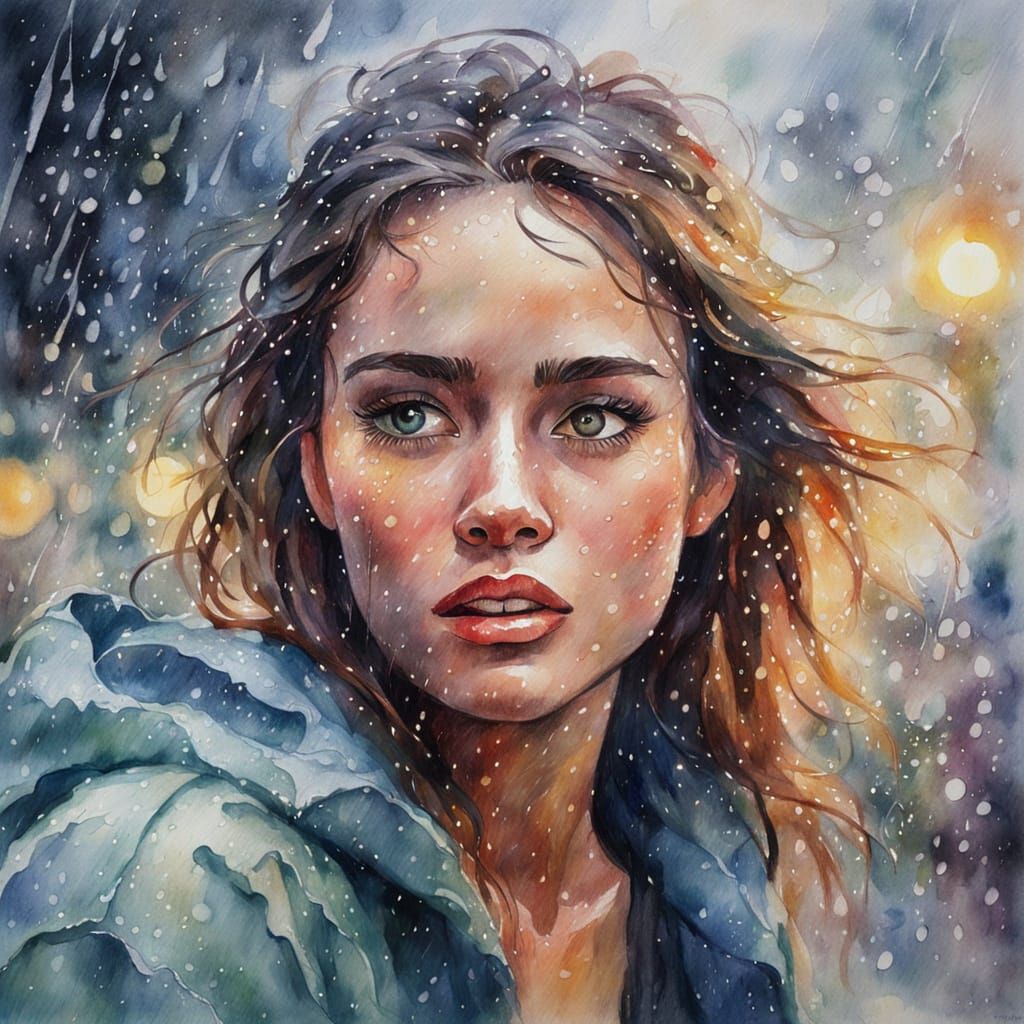Girl Slipping in Rain: Watercolor Painting